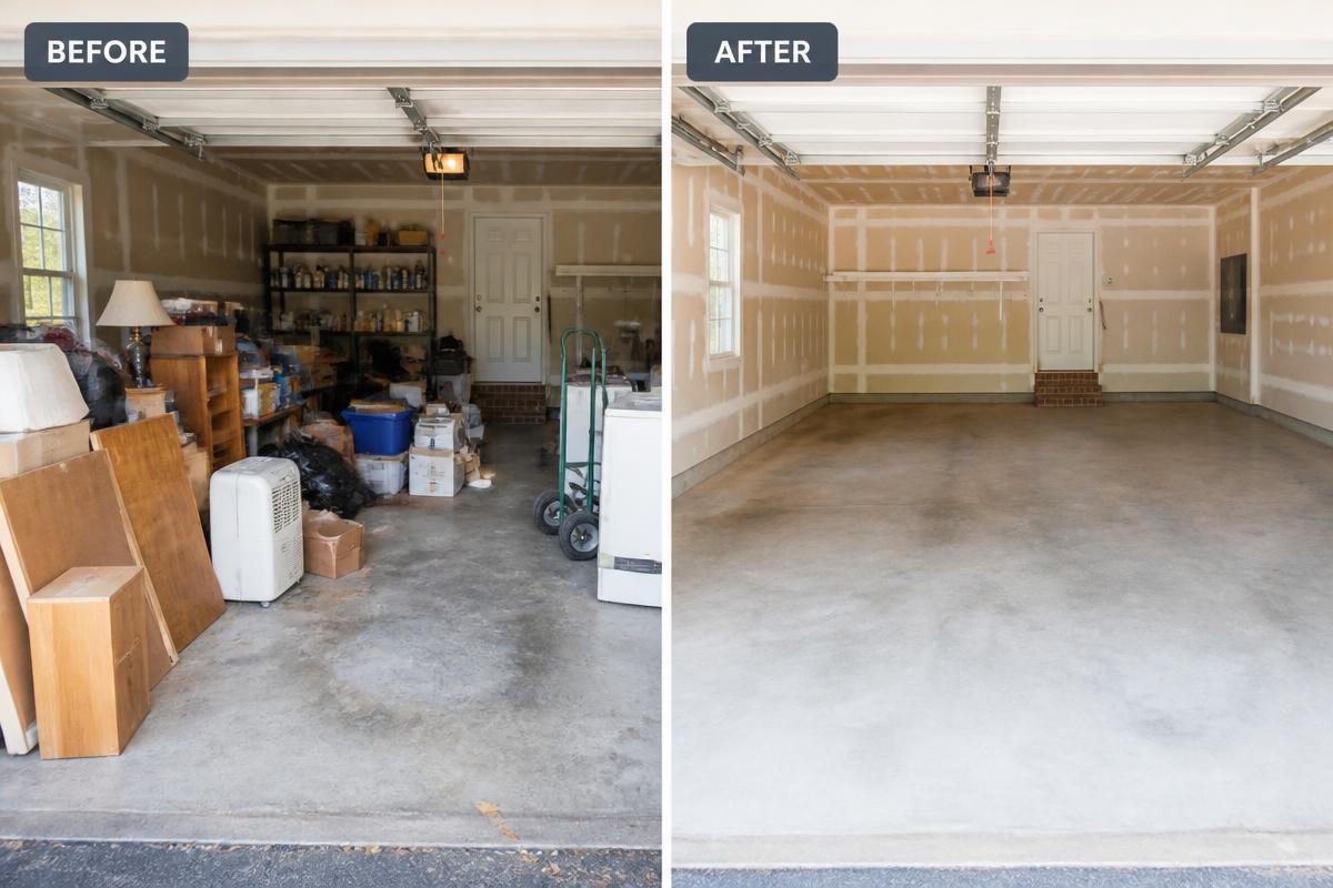 Garage cleanout before and after: cluttered space transformed into a clean, empty garage